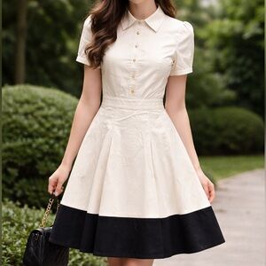 Kate Spade Women’s Jeanette Button Front Cream Black Pleated Shirt Dress Size 8